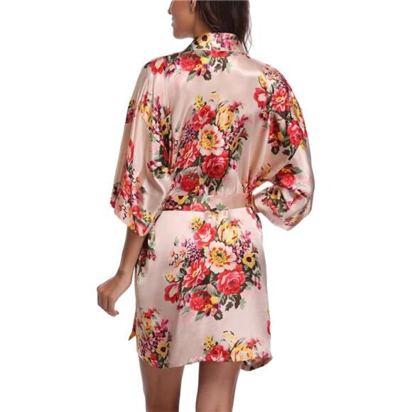 Women's Floral Satin Robes Bride Bridesmaid Robe Short Silky Kimono - Picture 3 of 12